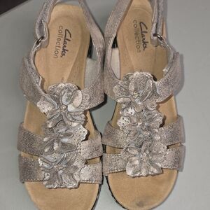 Clarks Collection Women’s Floral T-Strap Sandals in Metallic Taupe